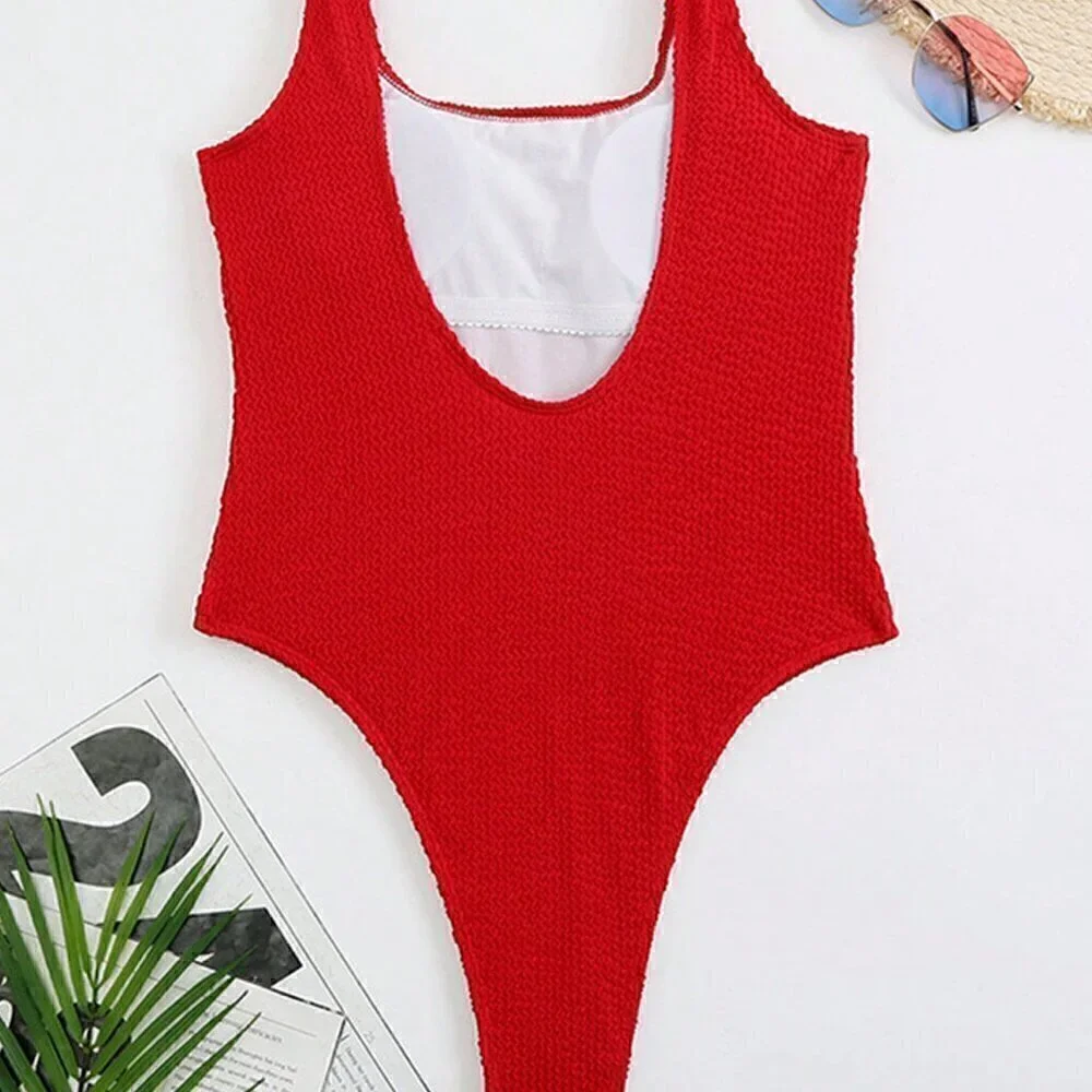 Red Women's Solid Colored Texture Fabric Sexy Backless Sports One-Piece Swimsuit